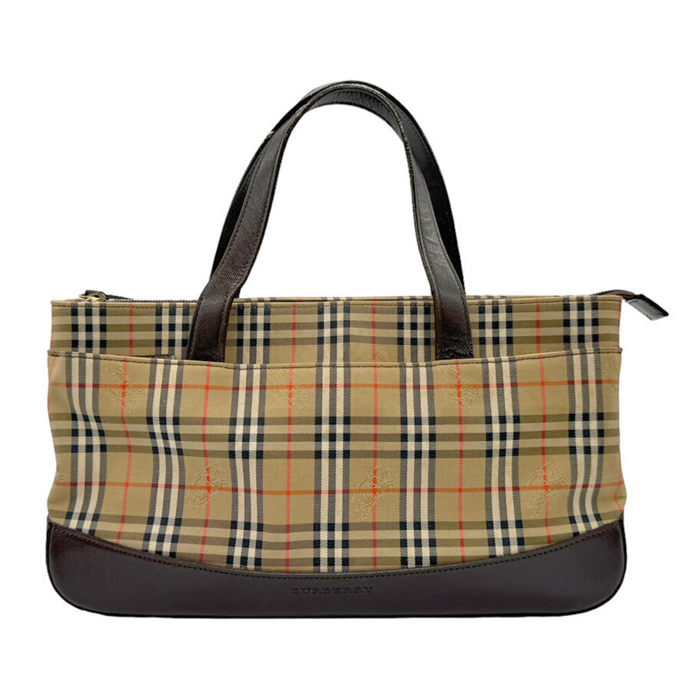 Burberry Beige Leather Handbag Brown Canvas Check Tan Nova - Picture 2 of 4